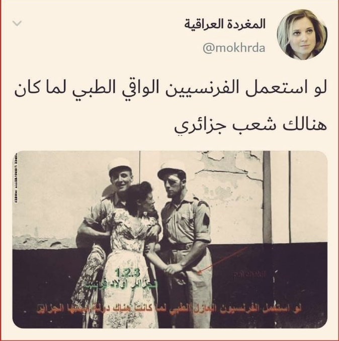 whiiiteewolf's tweet photo. @Sam1Lilly @amal_sabti سير أولد فرنسا إلا بغيتي غي الأفلام أنا نجيبلك ختك محيدة سروالها لجندي فرنسي 🇹🇳🇩🇿🇫🇷🖕 https://t.co/rr0lHfWzFp