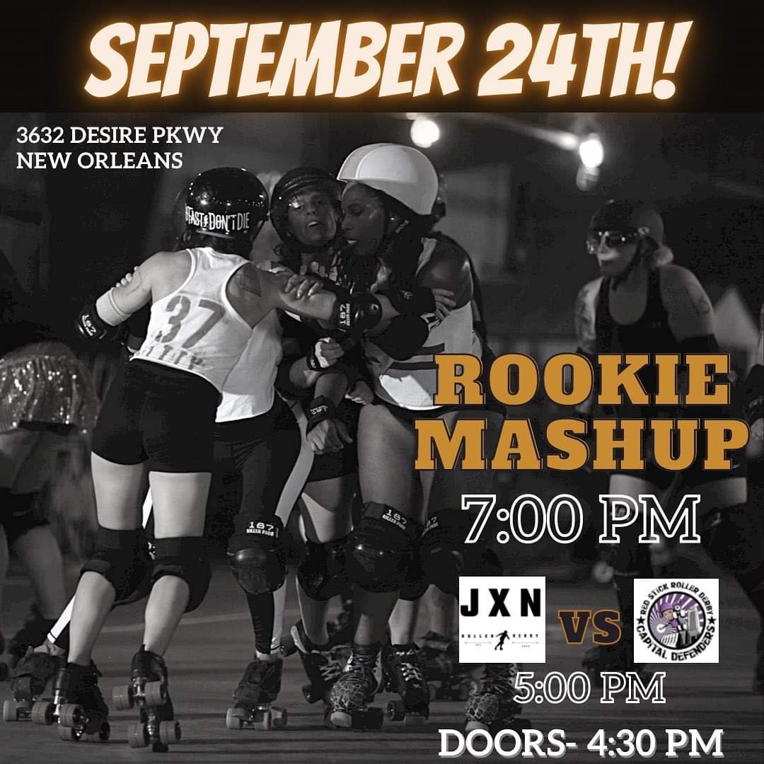 BigEasyRD's tweet photo. The official flier for our Sept. 24 doubleheader is here! Catch @jxnrollerderby vs @RedStickRD's Capital Defenders first at 5 p.m., followed by a mashup of rookie skaters from all over at 7 p.m.! Sign-up form for the mashup at https://t.co/AbmKl2ocfn #BERD https://t.co/hBi2jx3Zfs
