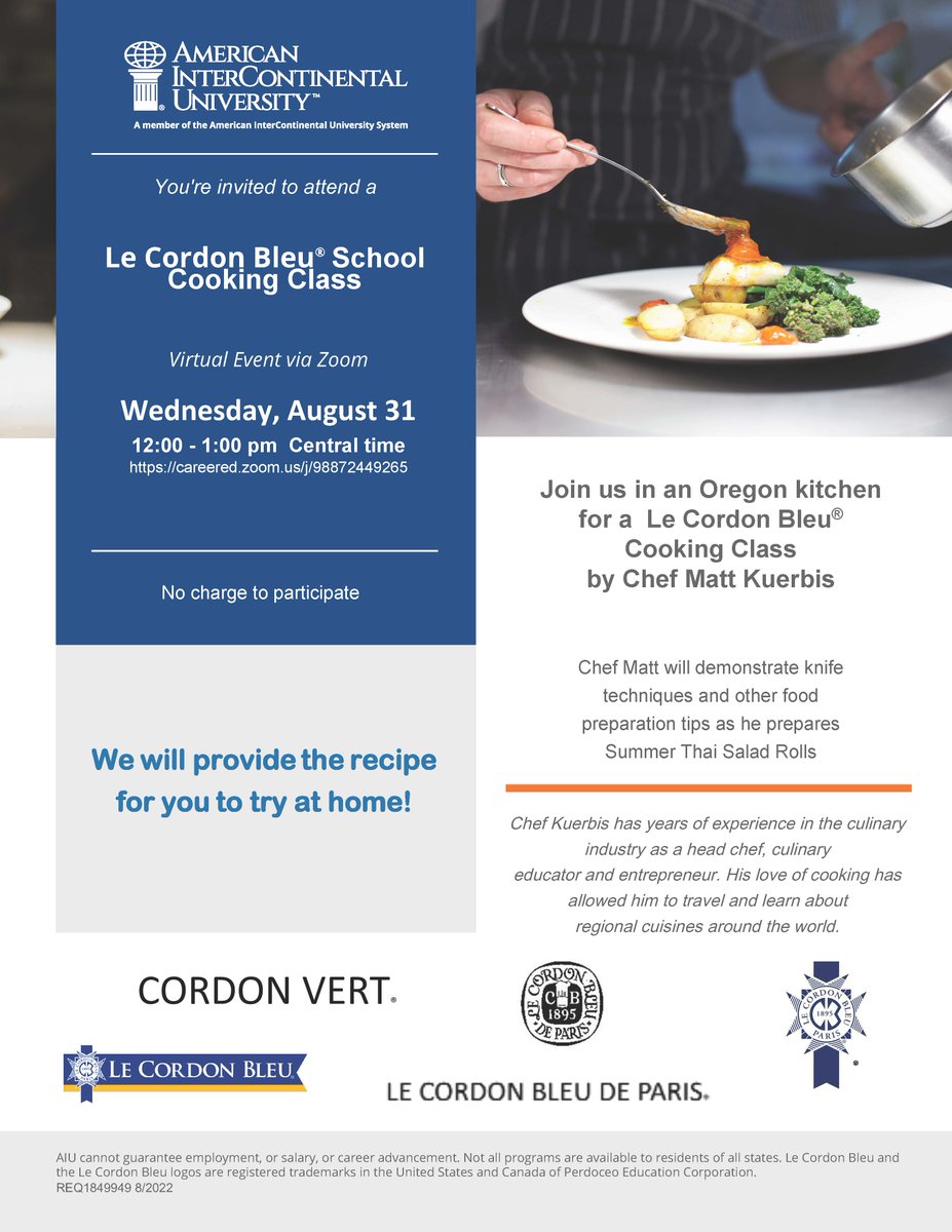 AIUniv's tweet photo. Tag your favorite #foodie to join the cooking class!
#freecookingclass #recipe #recipeoftheday #newskill #knowledgeiskey #virtual https://t.co/6hJEVrmCCg