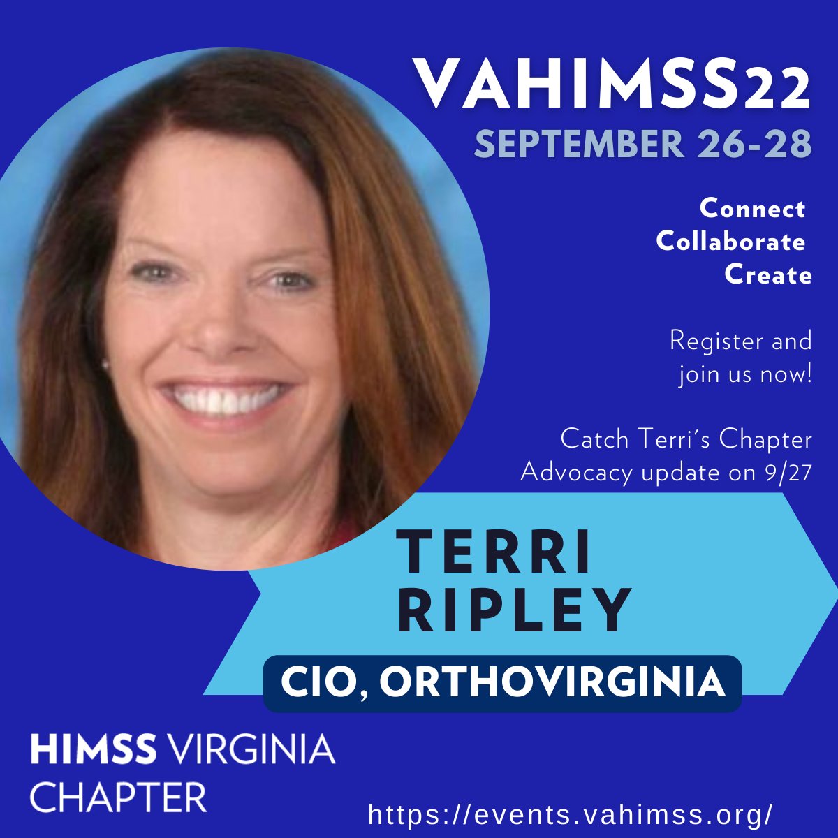 vahimss's tweet photo. CIOs from across Virginia like @tripleyHIT will be at #VAHIMSS22 on 9/26-28. Join us for Terri's Advocacy Update and listen to how she manages today's #HIT challenges at Virginia's premier Orthopedics specialty practice. Register today: https://t.co/FhU7GJE7jJ #VAHIMSS #HIMSS https://t.co/zK7ePn8W6y