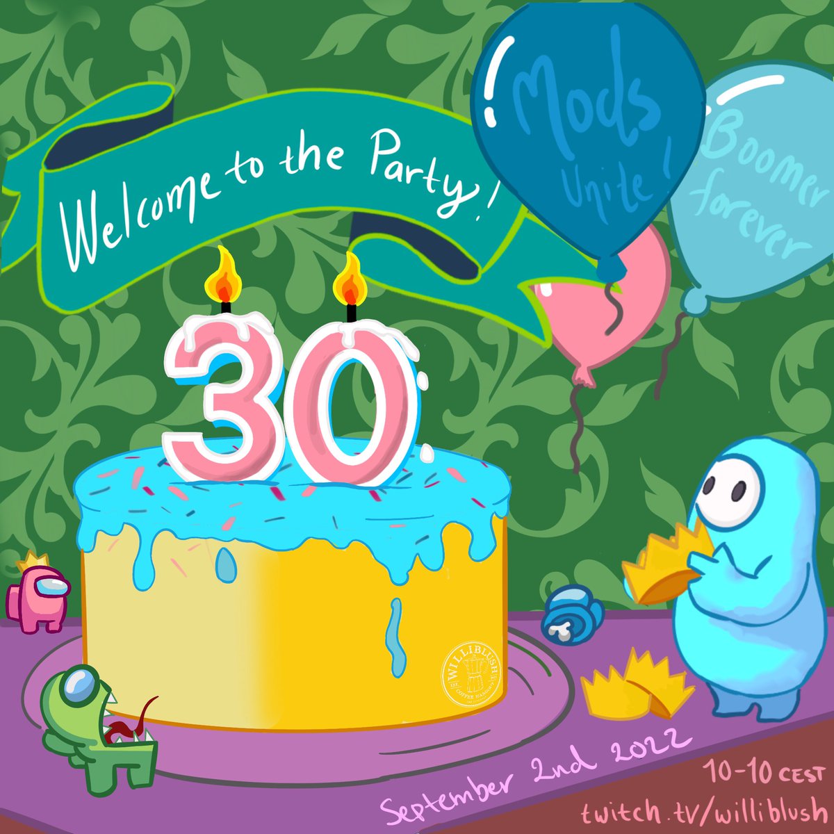 williblush's tweet photo. The celebration starts at 10 am on Friday! 💛💙💚 #TwitchStreamers #birthday #fanart https://t.co/vvc0WsngJB