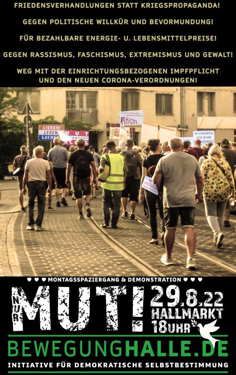 Bewegung_Halle's tweet photo. #MondayMotivation am 29.8.22 am #Hallmarkt in der schönen #Saalestadt #Halle: Die #BewegungHALLE lädt wieder zum #Spaziergang und zur #Kundgebung ein! Wir rufen zu #Frieden,#Freiheit und  #Selbstbestimmung auf! Wir benötigen Bezahlbare Energie- und #Lebensmittpreise! #esreicht https://t.co/WjaCowNRS9