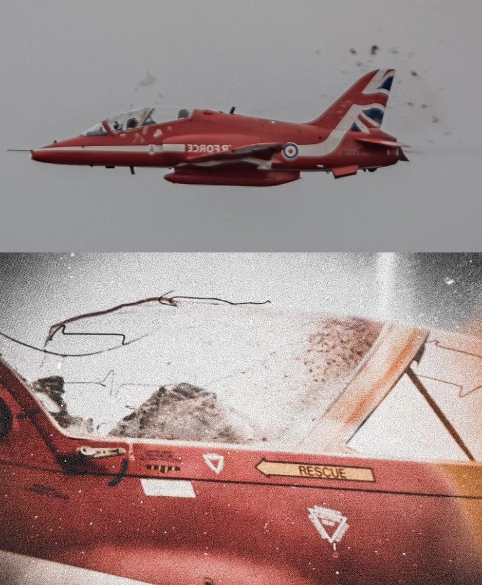 <a href="/rafredarrows/">Red Arrows</a> display over #RhylAirShow2022 today and incredible pictures of the impact of a bird smashing the cockpit! The pilot skilfully landed at Harwarden. Sadly the bird didn’t! #RedArrows <a href="/ITVWalesAndWest/">ITV Wales and West </a> <a href="/BBCWalesNews/">BBC Wales News</a>