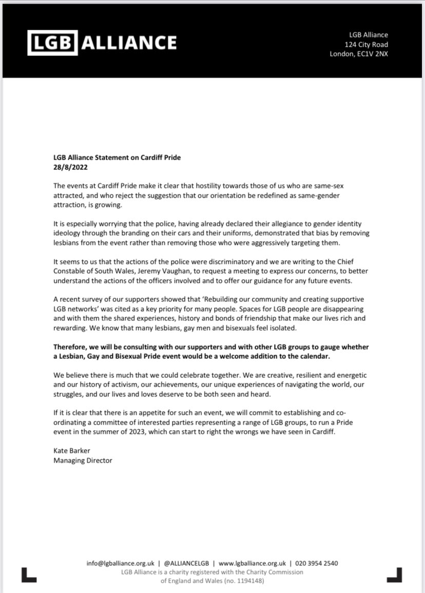 AllianceLGB's tweet photo. LGB Alliance has released the following statement on yesterday’s events at Pride in Cardiff. https://t.co/I3Tgk4qVXA