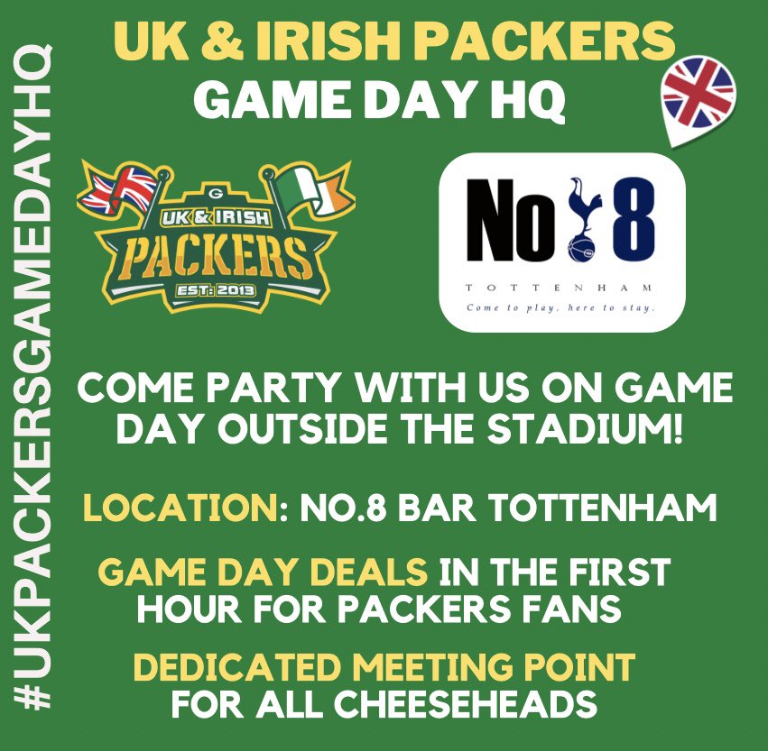 ukpackers's tweet photo. π§ CALLING ALL #PACKERS FANS IN LONDON FOR @packers v @Giants GAME π§
We have teamed up with No. 8 Bar Tottenham to be our #GameDayHQ!
They will have a dedicated space and special deals for our fans! π¬π§
COME PARTY WITH US ON GAME DAY! @packeverywhere #GoPackGo https://t.co/6u5jnoahyP