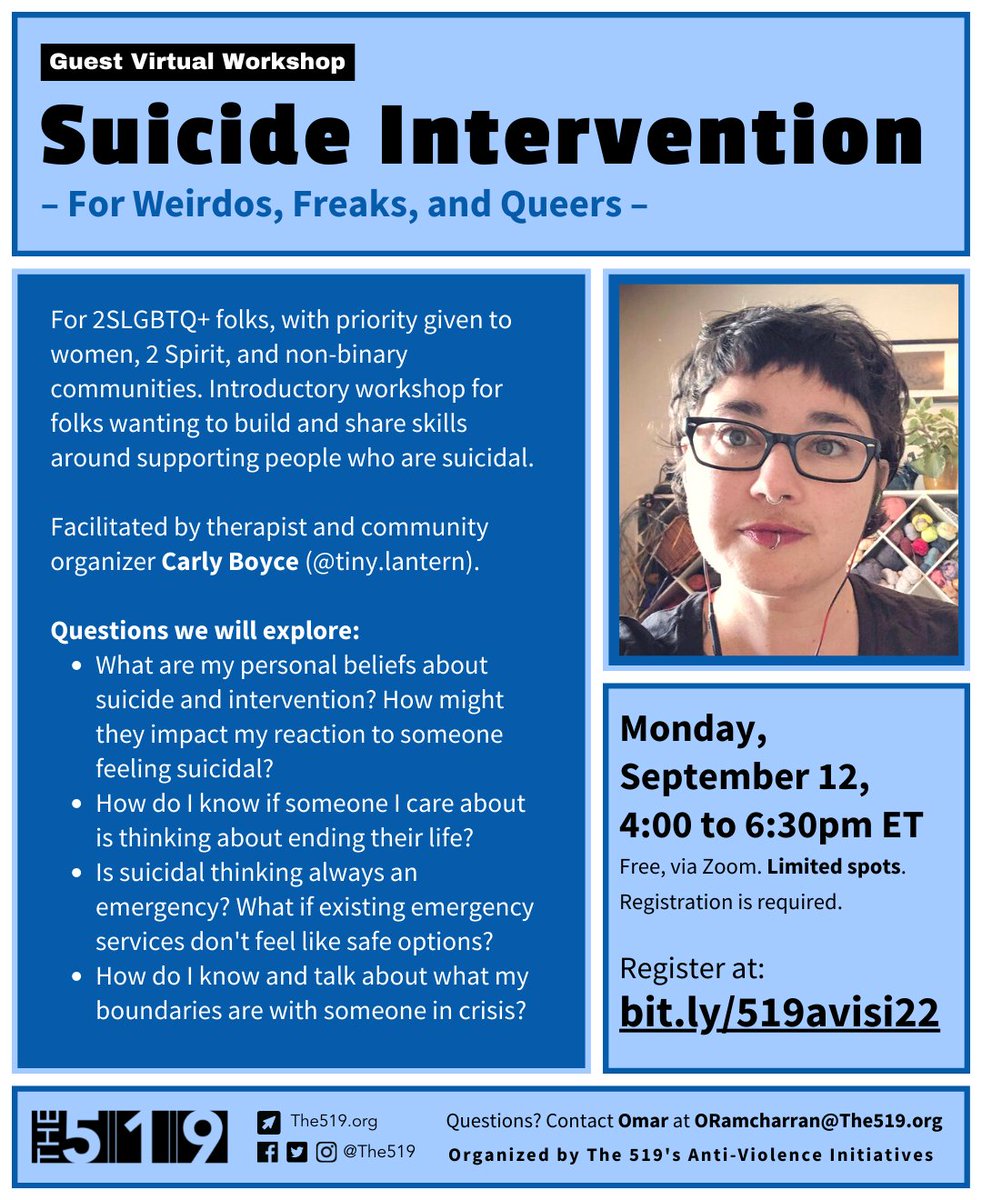 The519's tweet photo. #GuestWorkshop Suicide Intervention for Weirdos, Freaks, and Queers
Facilitated by therapist and community organizer Carly Boyce (@tiny.lantern)
Monday, September 12, 4-6:30pm ET
For 2SLGBTQ+ folks, priorizing women, 2 Spirit, and non-binary communities
https://t.co/dKPxWRHVuK https://t.co/yx6RkOC2pw