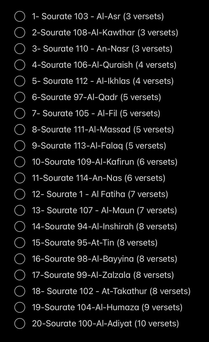 p_lskzkka's tweet photo. as-salām ‘aleykōum mes frères, ceux qui veulent apprendre les (20) sourates les plus courtes du Coran, voici la liste en ordre croissant : https://t.co/gsOtdVbfKY