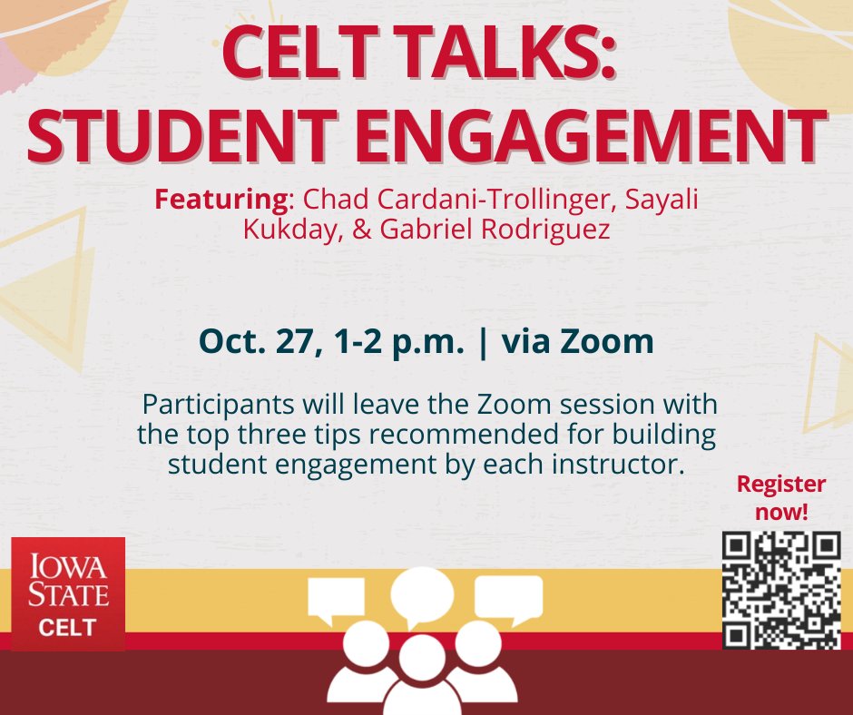 Our second CELT Talk takes place next week, all about student engagement and featuring instructors from three different areas at Iowa State. Join us via Zoom from 1-2 p.m. on Oct. 27. More info and register here - celt.iastate.edu/event/celt-tal…