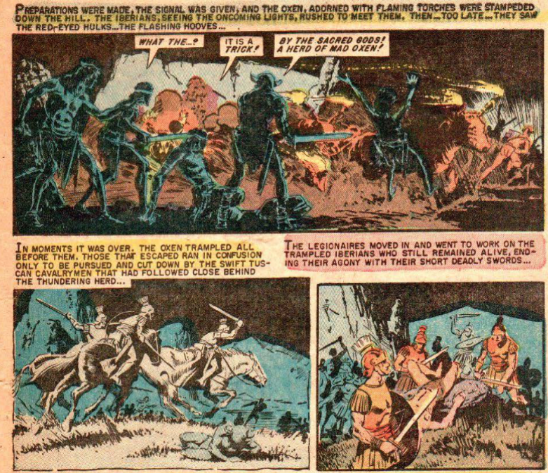 sdsu_h100's tweet image. And why flip this old "flaming cattle horn" trick ... it was used ON the Romans BY Hannibal (Livy 22.17) ... 5/x

STILL... a good story, and a fascinating attempt by @eccomics to go in "New Directions" in 1955 post #ComicsCodeAuthority