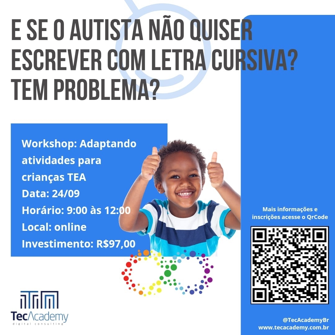 TecAcademyBr's tweet photo. Você sabia que o critério de escrever com letra cursiva é cultural? 🤔

Participe do nosso curso Adaptando Atividades para Crianças TEA.

🗓 Quando: 24/09
💻 Onde: online
🪙 Quanto: Primeiro lote promocional limitado
📲 Inscrições: https://t.co/Auaw8EuQUM https://t.co/7YFairFcqh
