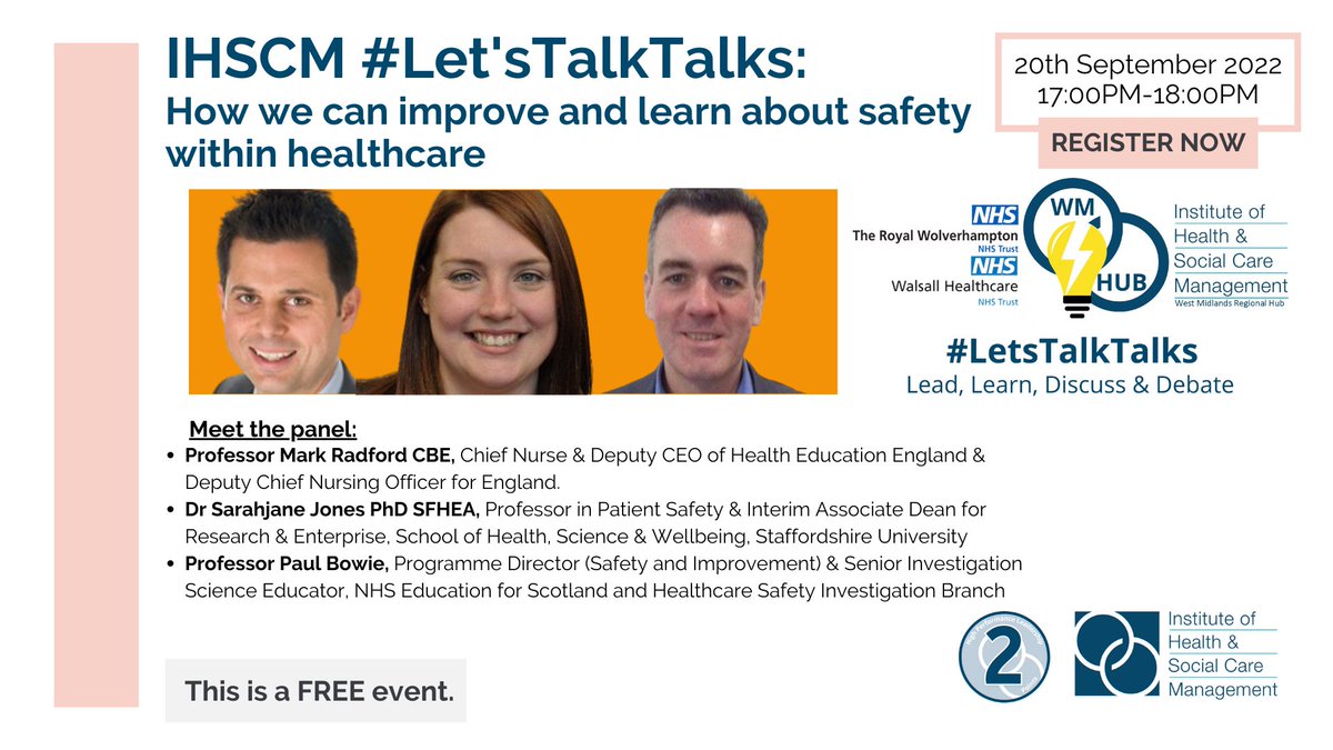 IHM_tweets's tweet photo. Join us on 20th September at 5pm. Together with our West Midlands Regional Hub, we are hosting our fourth TED-style talk to discuss "How we can improve & learn about safety within healthcare?"
Register: https://t.co/lcpA8wwmH6
@RWT_NHS @WalsallHcareNHS @RoyLilley #letstalktalks https://t.co/rkSNrUbTkB