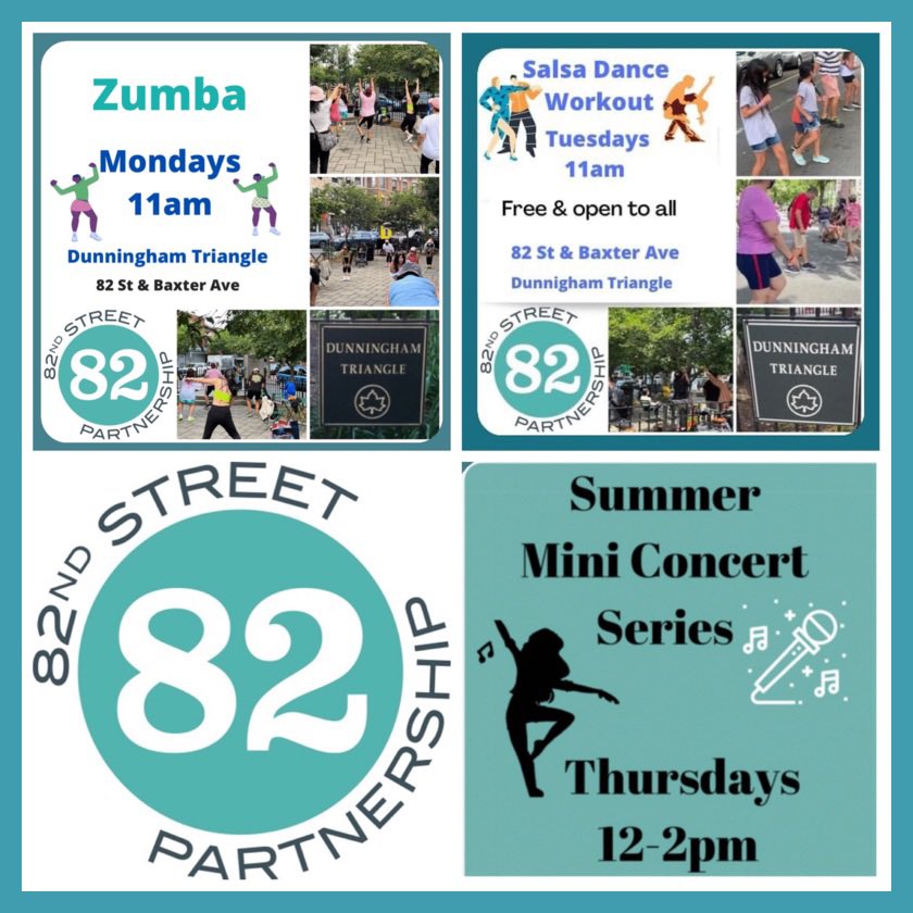 82ndStQueens's tweet photo. .@82nd_street schedule at Dunningham Triangle.
Mondays: Zumba at 11am
Tuesdays: Salsa at 11am
Thursdays: Lunchtime concert series from 12pm-2pm.
Free & open to all.
#shoplocal
#NeighborhoodsNow
@van_alen
@urbandesignforum
#JacksonHeights
#elmhurst
#DunninghamTriangle https://t.co/9mOO4BCUBy