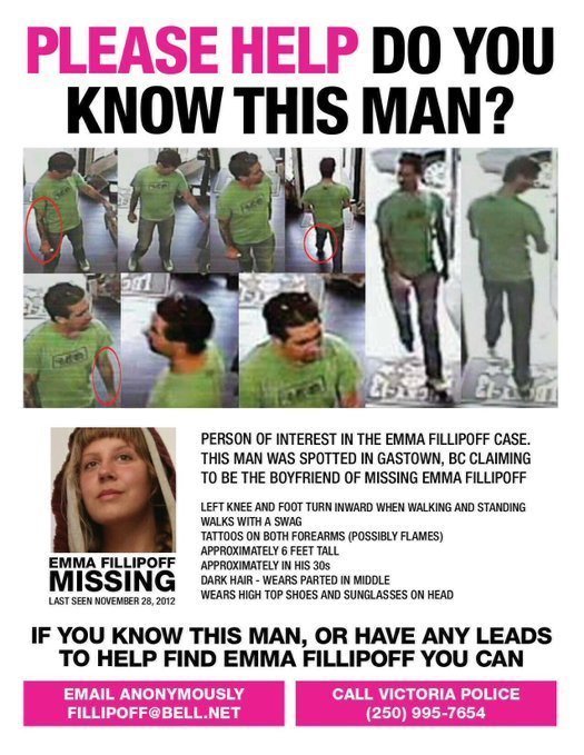 missing_bc's tweet image. #HelpFindEmma.
Emma Fillipoff vanished from downtown #Victoria, #BC on Nov 28th, 2012. Any leads please contact 
@sfillipoff
@AnneGavin3
@vicpdcanada 
Please help us to share and spread to finally bring her home.