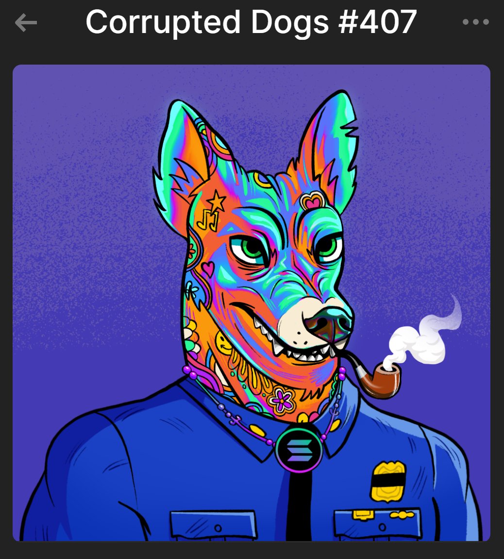 Everyone go grab you a Corrupted Dog today.  Amazing team and dedicated to NFT space. .69 Sol
I got this sexy thing just now! Loving this ART!
mint.creatormachine.com/corrupteddogs