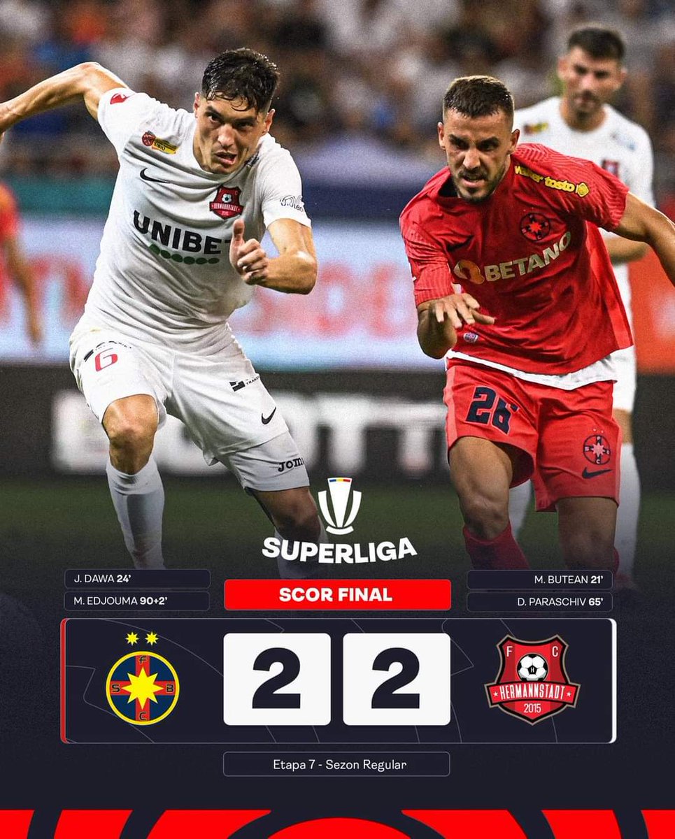 AArges123's tweet photo. Fără bani, fără președinte și cu jucători care caută alte angajamente, FC Hermannstadt  a fost foarte aproape de o victorie uriașă pe Arena Națională. A condus-o de două ori pe FCSB și a avut ocazia să se desprindă chiar la două goluri. Edjouma a salvat-o pe FCSB în prelungiri. https://t.co/ha249bceK0