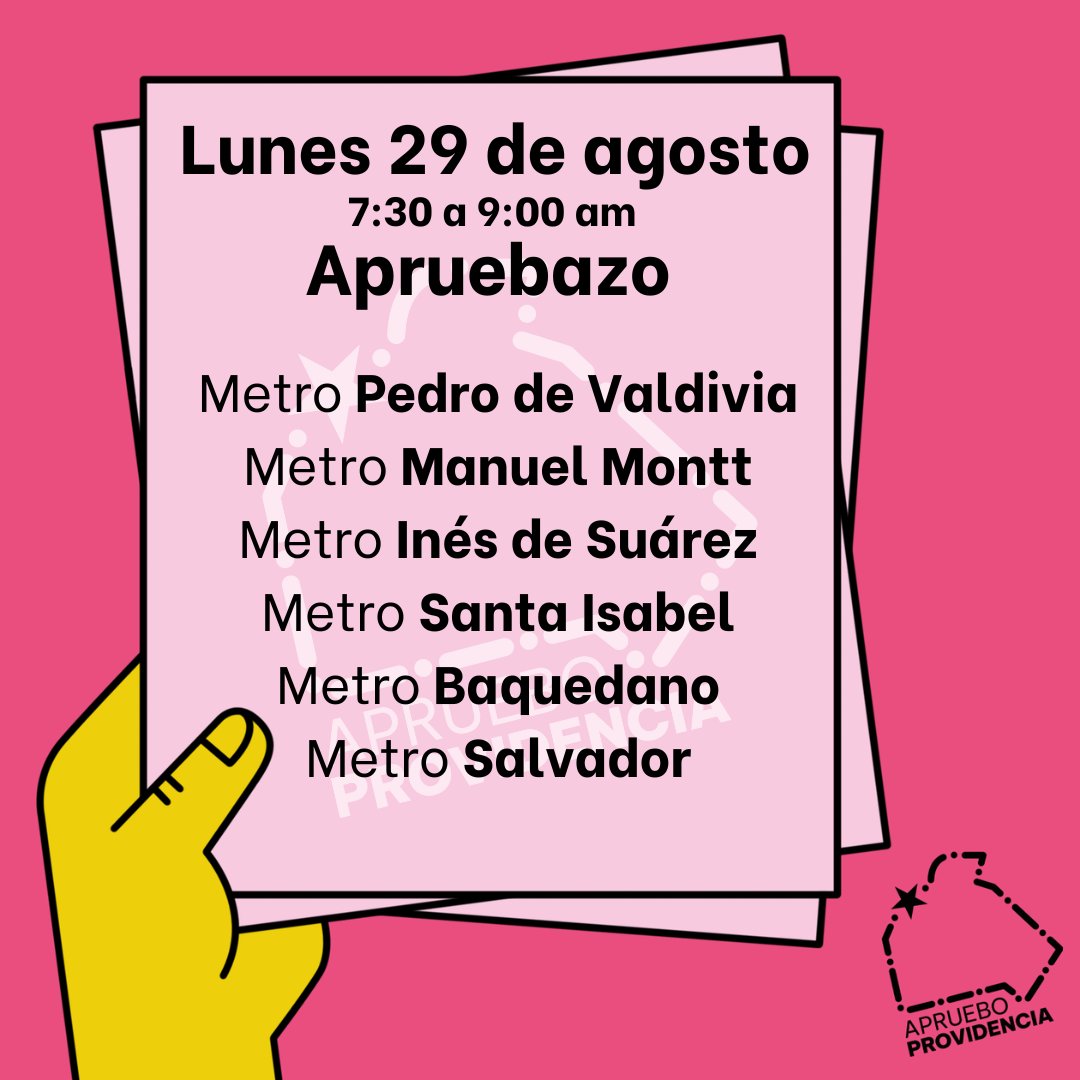 proviaprueba's tweet photo. 🚇 Este lunes 29 de agosto de 7:30 a 9:00 am estaremos entregando volantes y conversando en seis estaciones de metro de la comuna de #Providencia. 🗳 El 4 de septiembre ganará el #Apruebo por la Nueva Constitución. 📖✨

#AprueboProvidencia #AprueboNuevaConstitución #AprueboFeliz https://t.co/hLpl2OaeRb