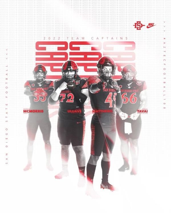 AztecFB's tweet photo. We recently announced our team captains! Congrats to @McmorrisPatrick, @alama_uluave, @jmatthews8321 and @tavai_tavai55! https://t.co/Jc8Y1Xk7Cm

#TheTimeIsNow | #AztecFootball100 https://t.co/8mRRBul7x6