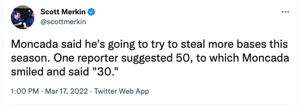 Razzball's tweet photo. Checking to see how close Yoan Moncada came to stealing 30 bags this year...Hmm...he didn't attempt one steal, so only 30 short. That's not bad. https://t.co/AYxlqRRrWU