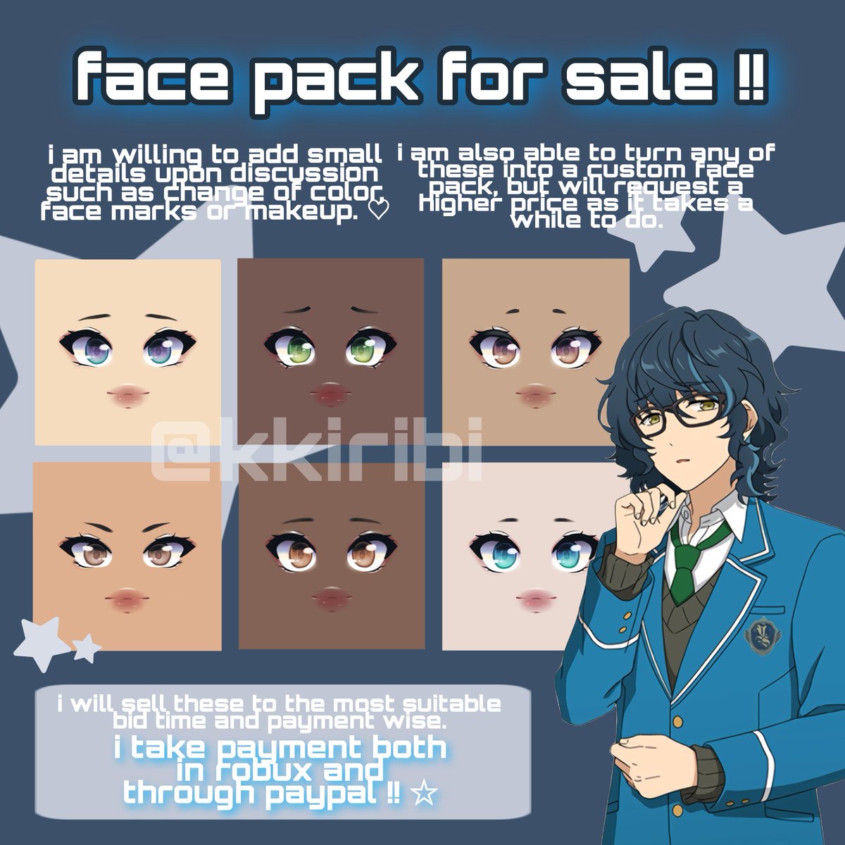 kkiribi's tweet photo. hiya every1 !!
i am currently in desperate need for robux, so i am looking to sell this face pack i've been working on recently. โก
more information below!
pls help me share by retweeting !
#robloxmakeup #robloxface #robloxart #rhmakeup #royalehighmakeup #rhart https://t.co/P6XPizXYfZ