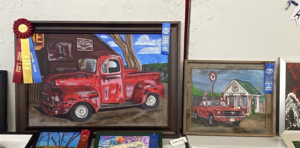 clingank's tweet photo. Spent last night @NTFAIR in Denton.  Humbled to have my two pieces receive blue ribbons each, and one Reserve Champion.  Can’t wait for next year! #NTFairAndRodeo https://t.co/jNTxCkYZKF