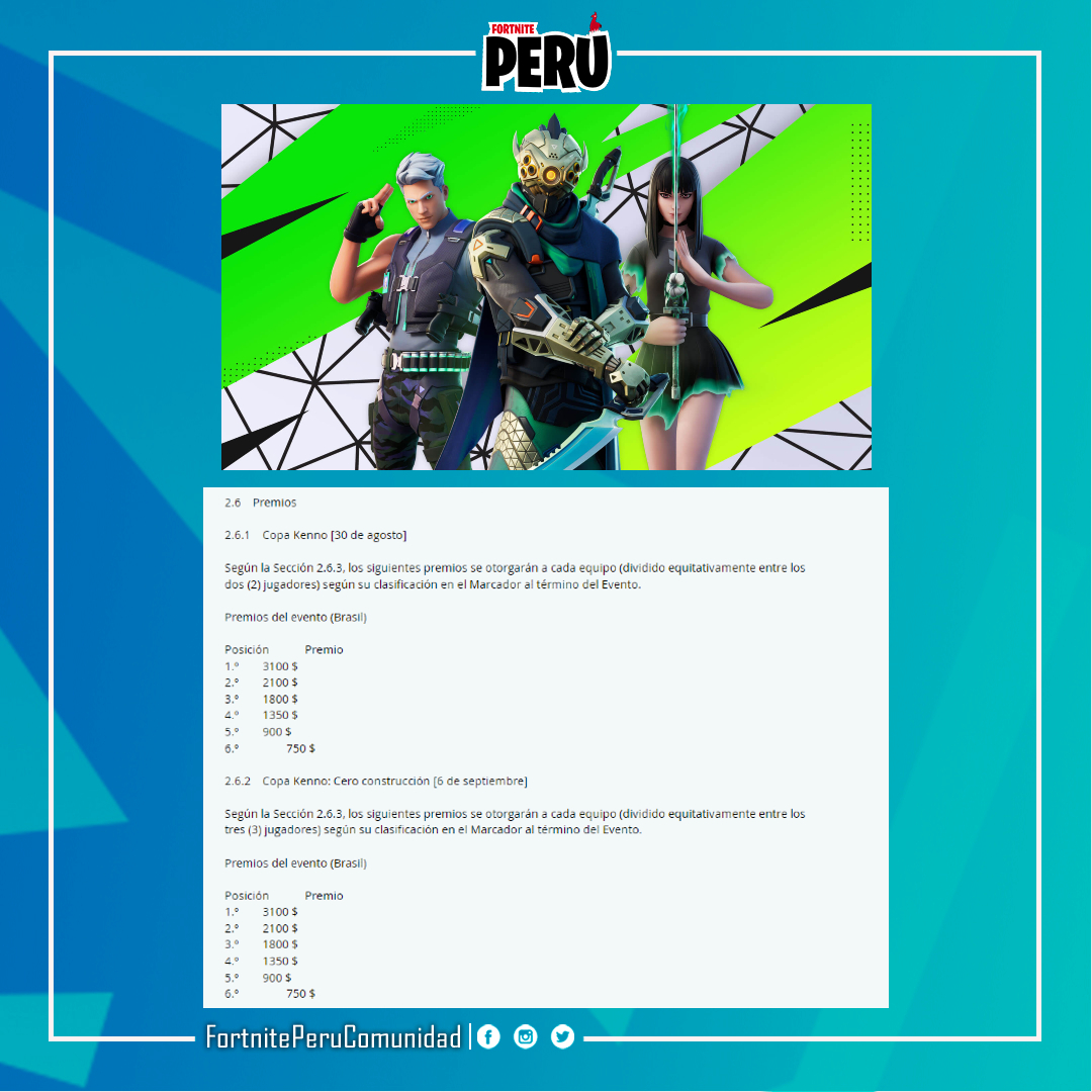 PeruFortnite's tweet photo. Nuevos torneos agregados a la API:

- Copa Kenno Cero Construcción, 30 de Agosto a 1 de Septiembre, Tríos.
- Copa Kenno Construcción Habilitada, del 6 al 8 de Septiembre, Tríos.

· Adjunto capturas con los premios. #Fortnite https://t.co/vW0gVIitMu
