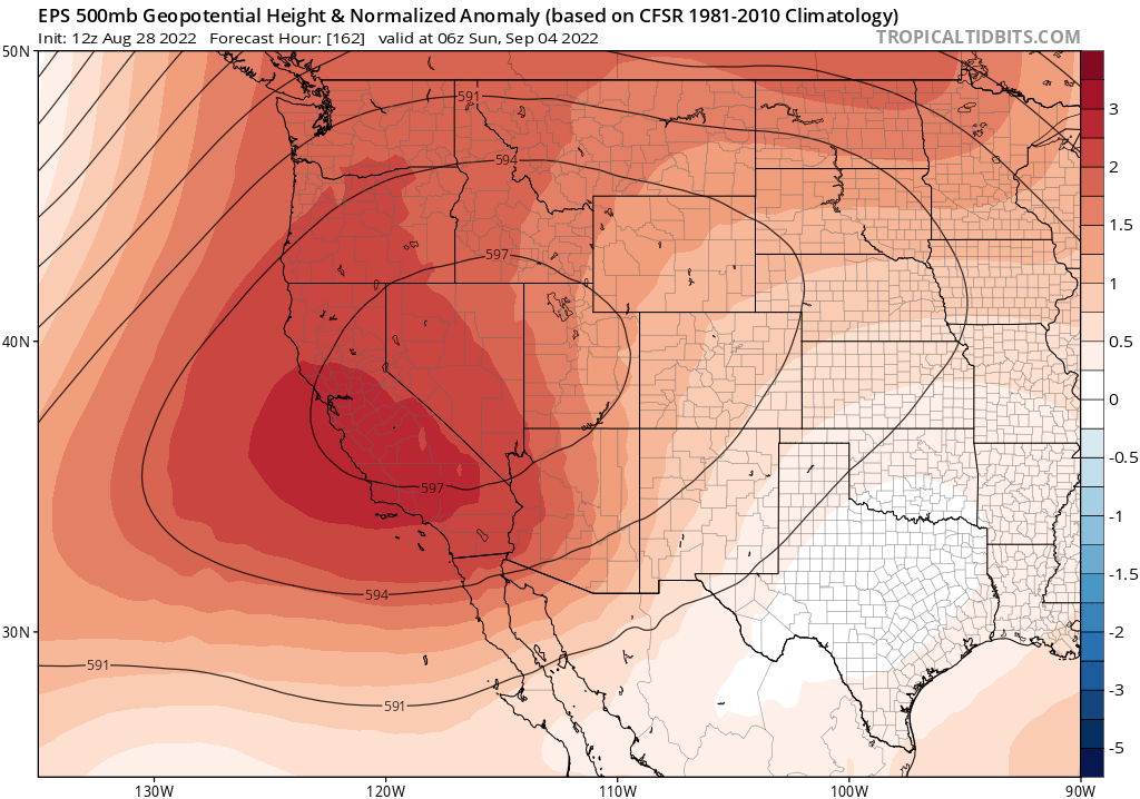 Weather_West's tweet photo. European (ECMWF) ensemble depicting a very intense &amp; prolonged heatwave for all of CA in ~1 week. American (GFS) ensemble also foresees significant (though slightly lesser) heatwave. Euro solution would bring severe heat &amp; wildfire impacts to broad region. #CAwx #CAfire https://t.co/GOTjC1OamS