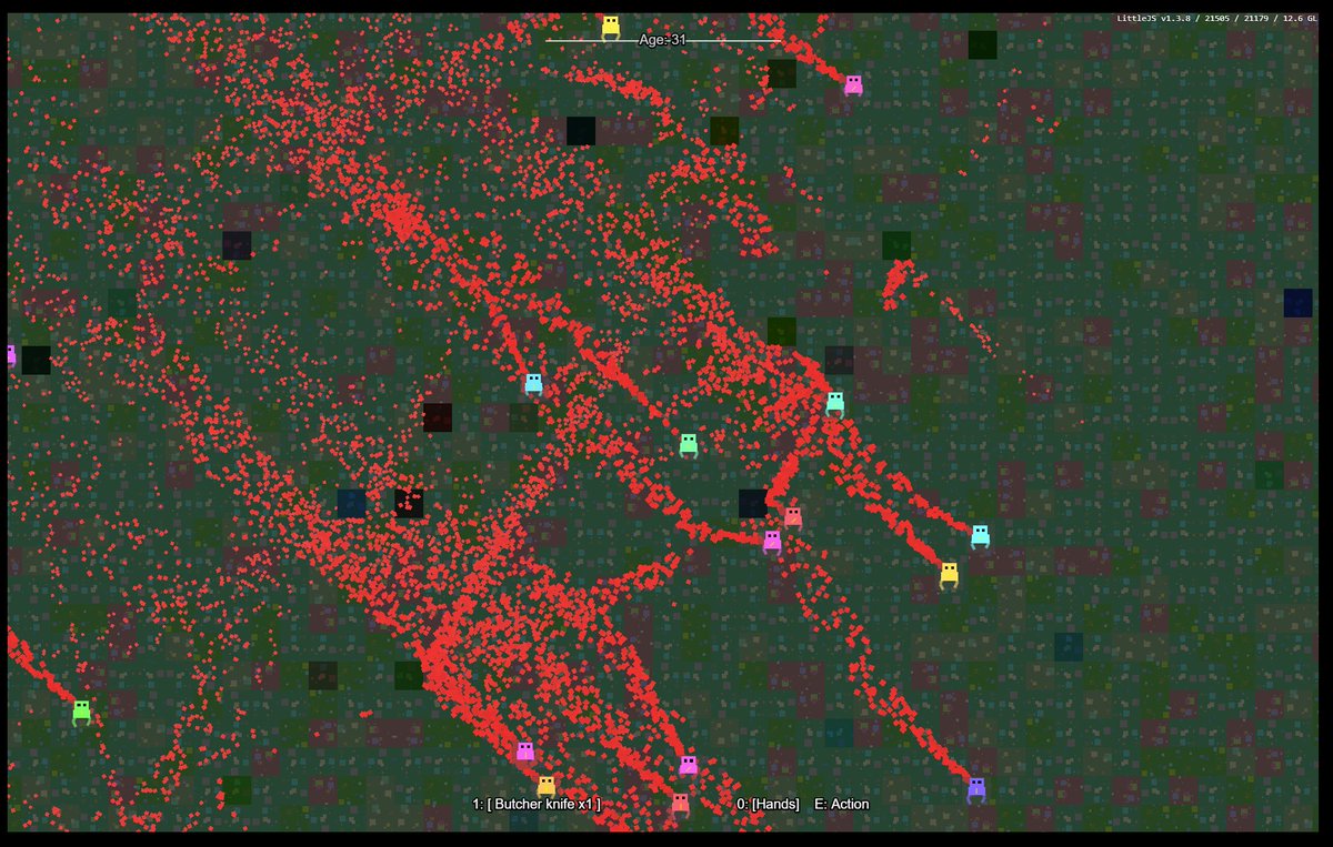 deathraygames's tweet photo. Working on my #death themed #javascript game for @js13kGames , and ran into an amusing bug that caused all characters to spout blood non-stop. It's looking like this game will have more gore than I usually like, but not this much! https://t.co/X8PP8vdRP5