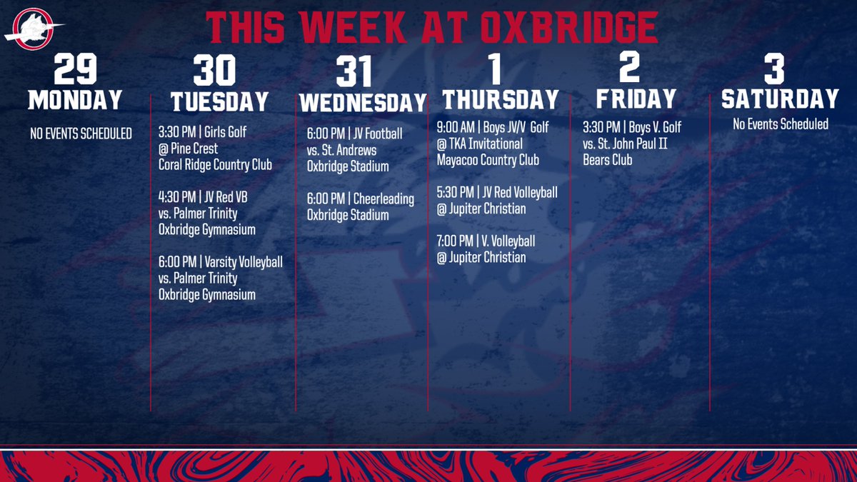 GoOxbridge's tweet photo. Oxbridge has another exciting week of athletics. Girls golf will tee off for the first match of the season, volleyball defends the den on Tuesday, and football returns to the Oxbridge Stadium. Good luck ThunderWolves! https://t.co/5hwJqR8MMX