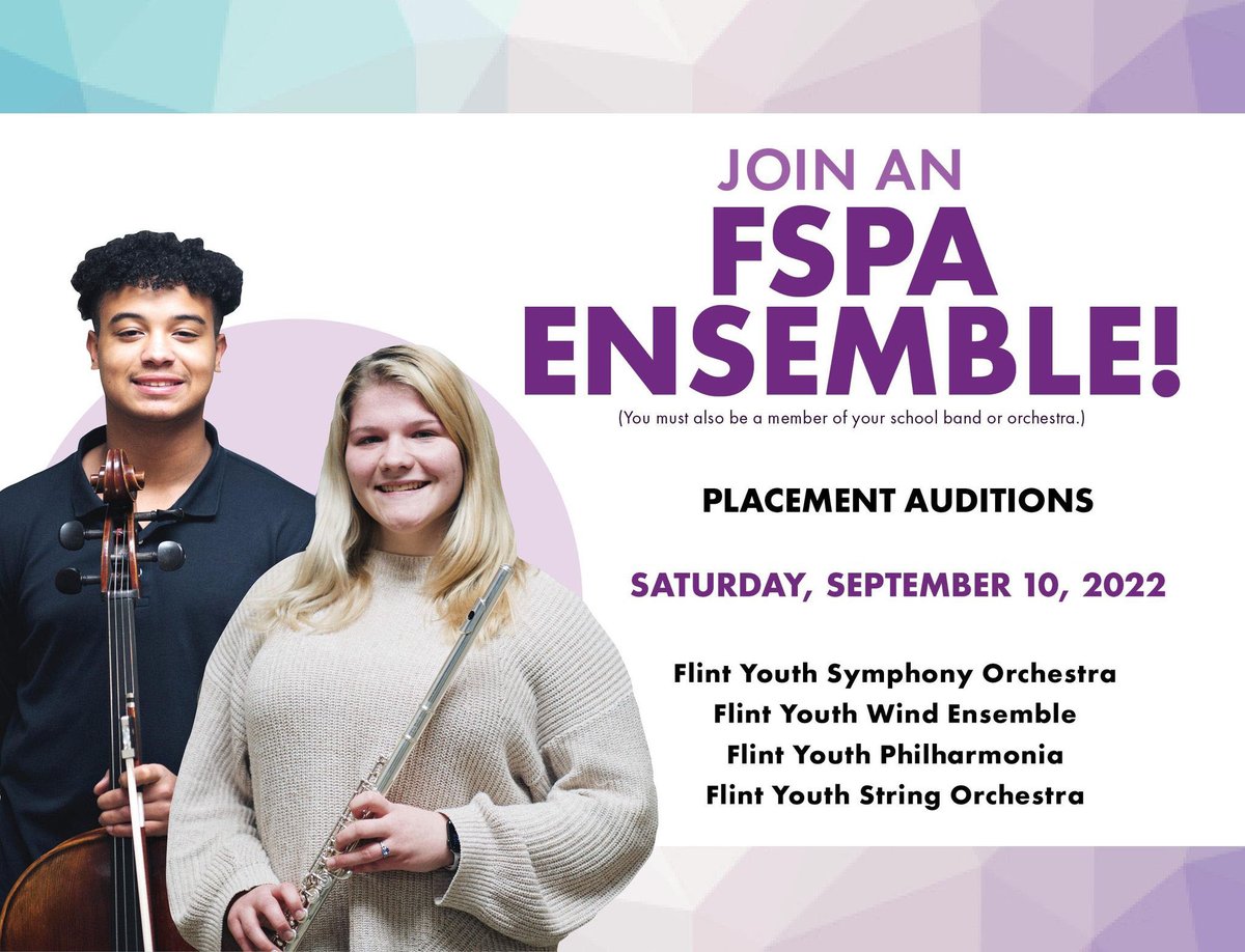 JOIN AN FSPA ENSEMBLE

FSPA Placement Auditions - Saturday, September 10, 2022.

Call 810.238.1350 ext. 3 to schedule an appointment.

More information here:
thefspa.org/auditions/