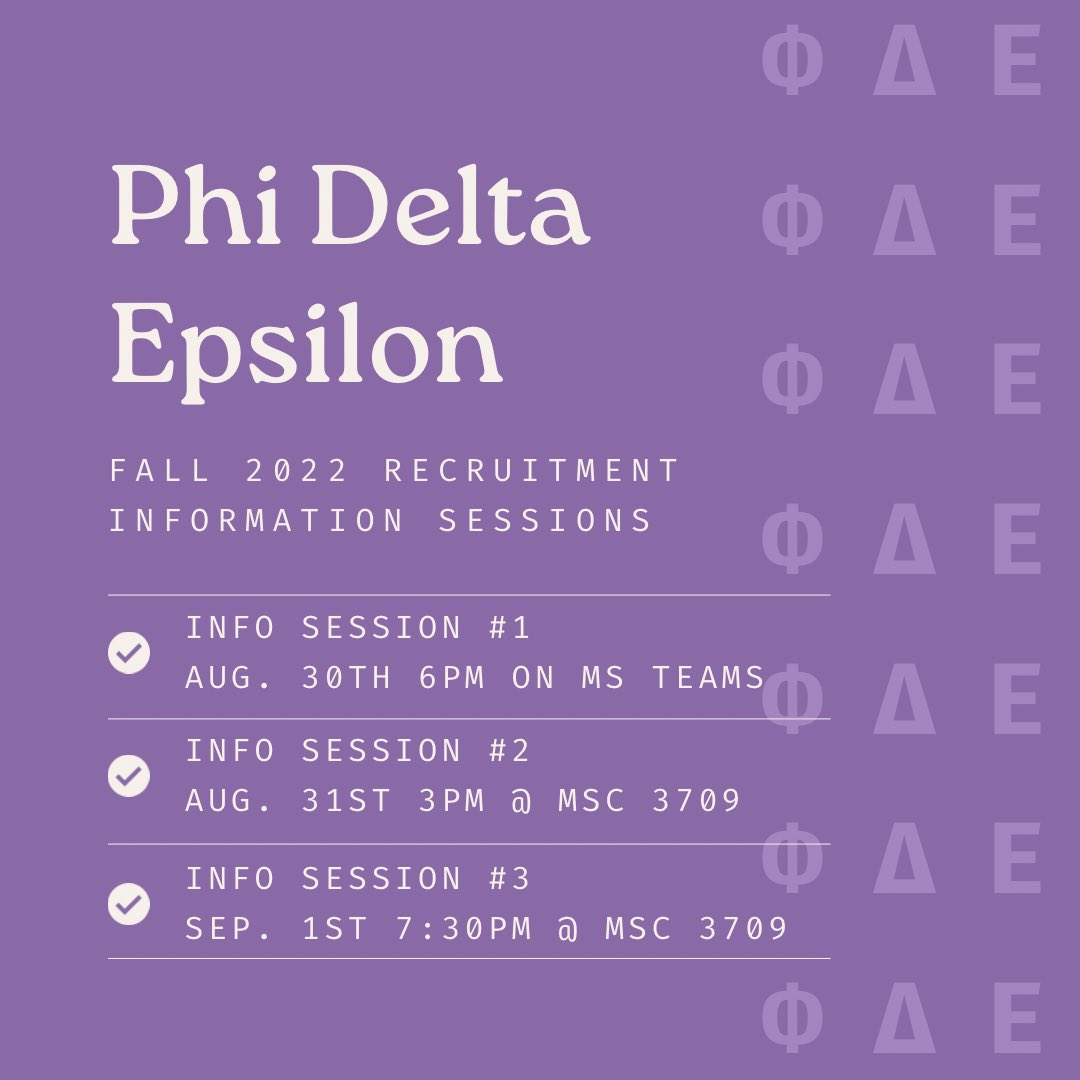 USFPhiDE's tweet image. Recruitment season is here! Join us at one of our info sessions this week to learn more about PhiDE and the amazing phamily you could be a part of! Check out our website for more info on how to rush PhiDE this semester! #phide #recruitment