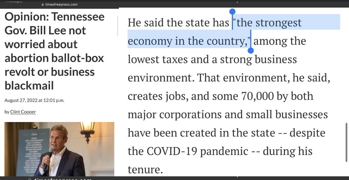 TheTNHoller's tweet photo. Another @GovBillLee *story* with 0 pushback, this time by @TimesFreePress — y’all just let him say this stuff without any context?

Bottom in poverty, infant &amp; maternal mortality, medical bankruptcies. One of the most federally dependent states. Feel free to mention these things. https://t.co/qBpqrpxjEA