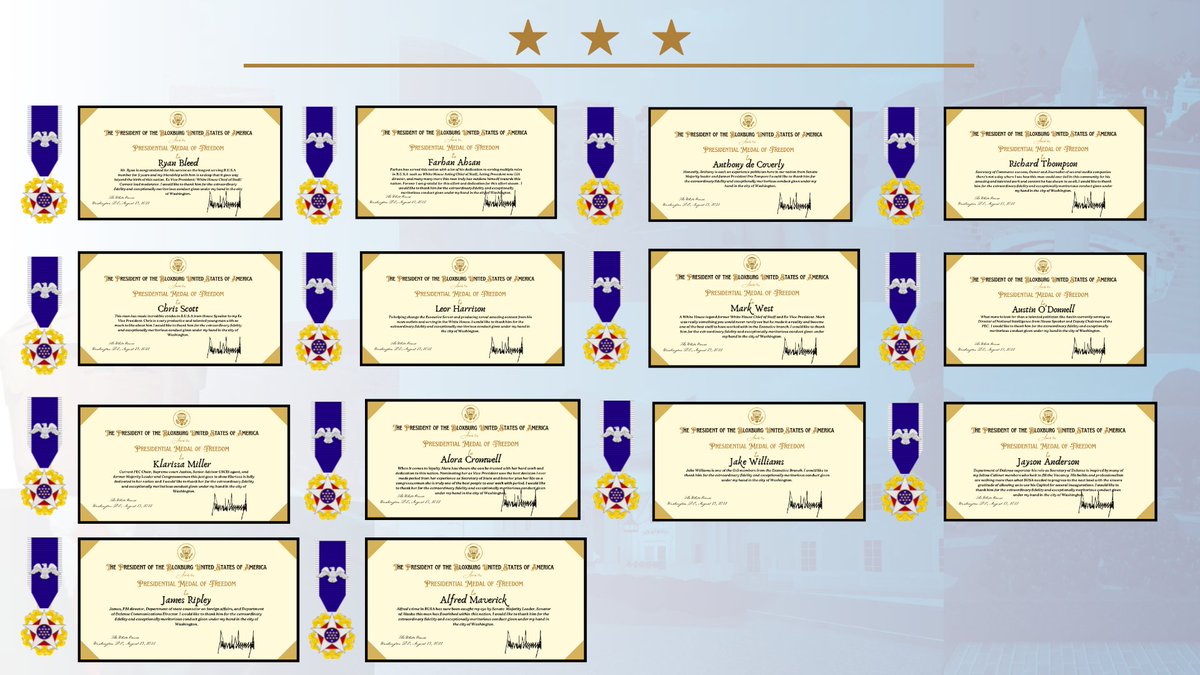 B.U.S.A PRESIDENTIAL MEDAL OF FREEDOM NOMINEE'S.
Spending more than 5 hours personally writing these up for our Medal of Freedom nominees. Congratulations!