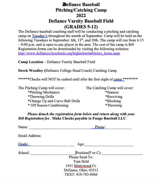 Defiance HS baseball Pitchers/Catchers camp starts September 6th and runs for 3 straight tuesdays.  Grades 5-12.  Head Defiance College baseball coach @CoachWoods16  Woodley will be running the catching camp.