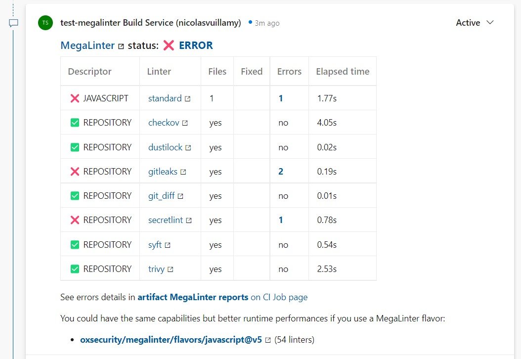 NicolasVuillamy's tweet image. #MegaLinter is now more compliant with @AzureDevOps , thanks to:
- Results posted as comment on Pull Request
- Collapsible sections in console logs
oxsecurity.github.io/megalinter/lat…
#azure #pipelines #code #quality #linters
cc @Azure @AZUGFR @Azure_France @AzureSupport