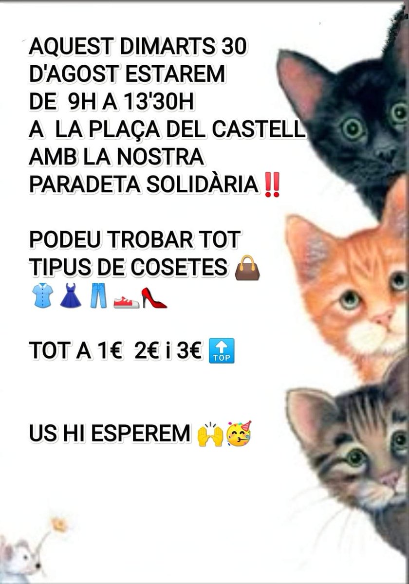 torrecatsocial's tweet photo. 📝 ENS VEIEM AQUEST DIMARTS 30 D'AGOST, A LA PLAÇA DEL CASTELL‼️
Tota la recaudació, com ja sabeu va destinat a la salut i benestar dels 🐈🐾🙌
#paradetasolidaria #mercadillo #mercat #buenobonitoybarato #gatsdecarrer #Torrecat #torredembarra #tarragona https://t.co/1WVQ8eLDws