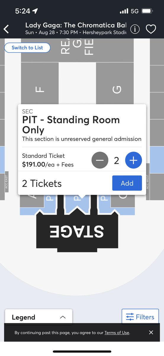 seanfarrelly83's tweet photo. When Ticketmaster releases Pit Tickets to @ladygaga at @Hersheys Stadium for just $191 only two hours before the show! #procrastinationforthewin https://t.co/IYNytSs6Ap
