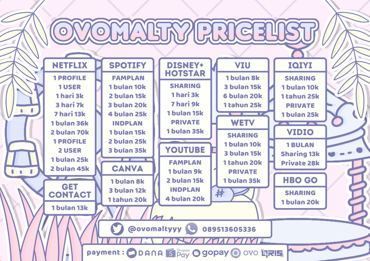 dingsums's tweet image. haii peeps!! lagi nyari app premium murah, trusted dan bergaransi? yuk jajan di aku 🤩

ready app premium ; netflix, spotify, canva, iqiyi, viu, disney, youtube dll

💸 payment ; all e-wallet &amp;amp; QRIS
💌 wa ; tinyurl.com/ovomaltyyy
      twitter ; @ovomaltyyy