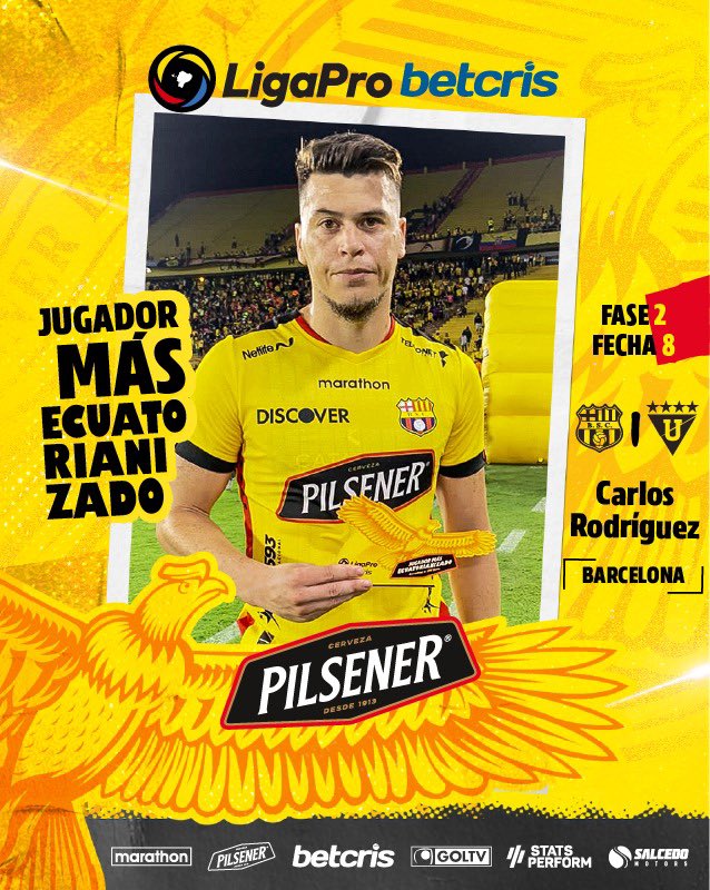 🥇 Carlos Rodríguez del @BarcelonaSC es el jugador más ecuatorianizado @PilsenerEcuador 🔥 ⠀⠀⠀⠀⠀⠀⠀⠀ ¿Cuántos likes para este futbolista? 👍⠀⠀ ⠀⠀⠀⠀⠀⠀⠀⠀⠀ #LigaProBetcris #JugadorMásEcuatorianizado🇪🇨