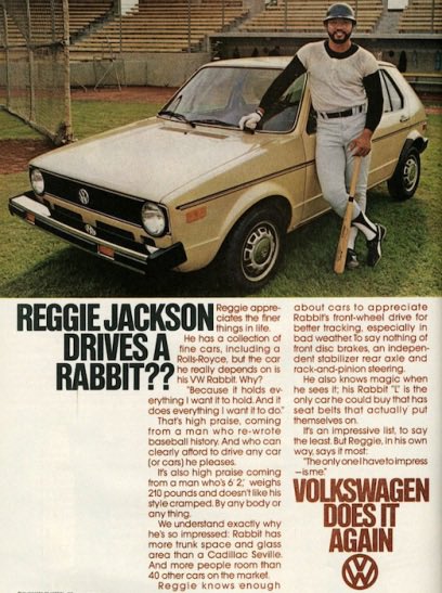 nostalgiapix25's tweet photo. Reggie Jackson drives a Rabbit?? VW does it again! (1978) #ad #vintage #1970s #VW #VWRabbit #car #classic #ReggieJackson #nostalgia https://t.co/AvdBctOnht