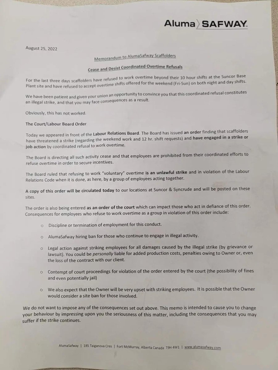 AlumaSafway's tweet image. We at AlumaSafway worry more about the profits than the safety of our employees, so we will threaten the employees with false accusations to require them to work voluntary overtime.