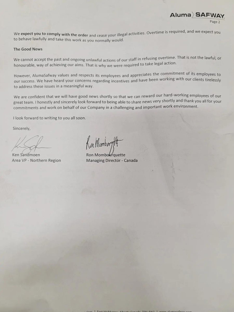 AlumaSafway's tweet image. We at AlumaSafway worry more about the profits than the safety of our employees, so we will threaten the employees with false accusations to require them to work voluntary overtime.