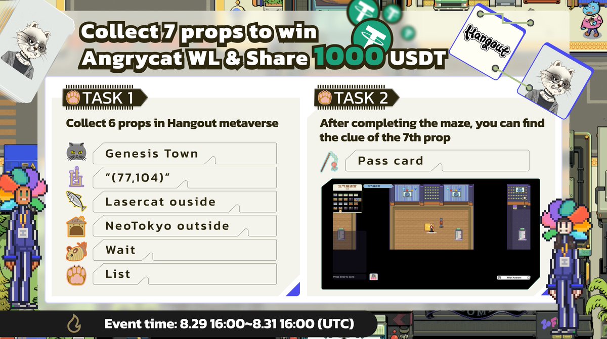 HangoutMeta's tweet photo. 💖Hangout and @angrycat_nft Metaverse have been launched🐾
You can now collect 6 props through this link https://t.co/XXO6OQKb97, the 7th prop clue will be announced on ⏰ 8.29 at 16:00 (UTC), stay tuned for the announcement. You may share 1000 USDT &amp; 10 WL.
#Giveaway #WL #NFT https://t.co/nrMDQC46xd