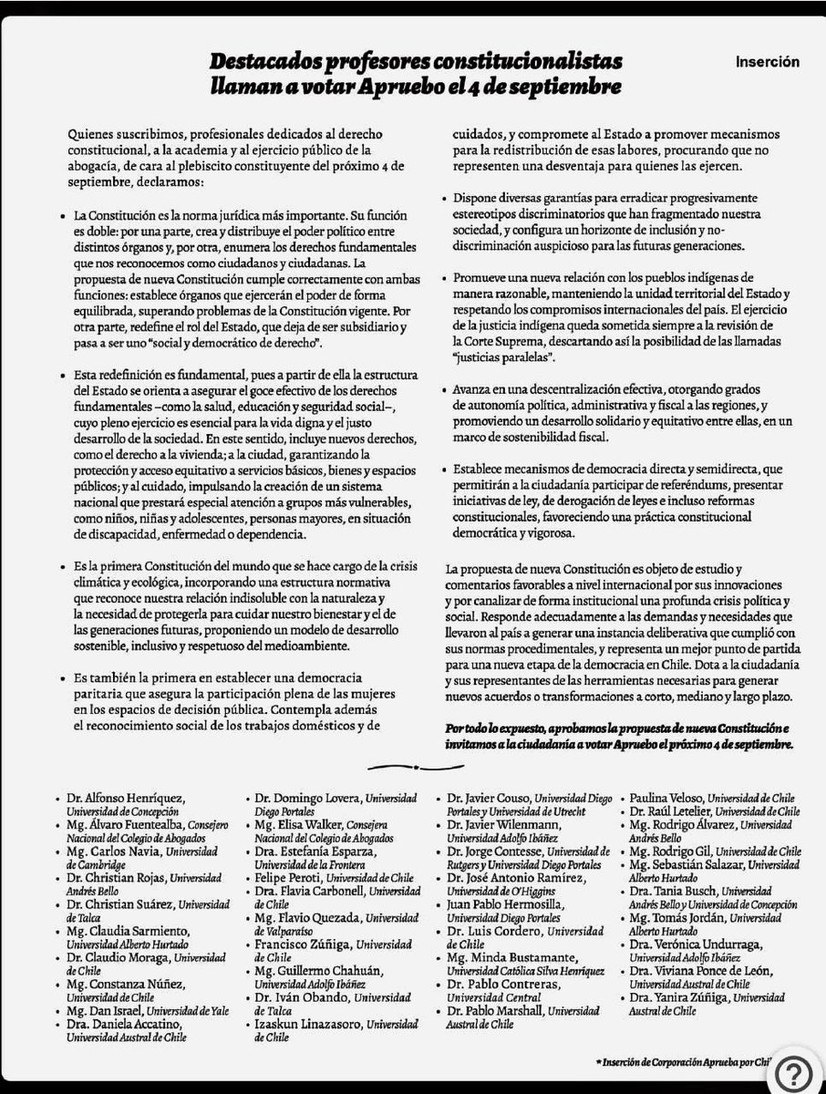 Mañana viene este inserto en LT y LUN: Profesores constitucionalistas llaman a votar Apruebo este 4 de septiembre: