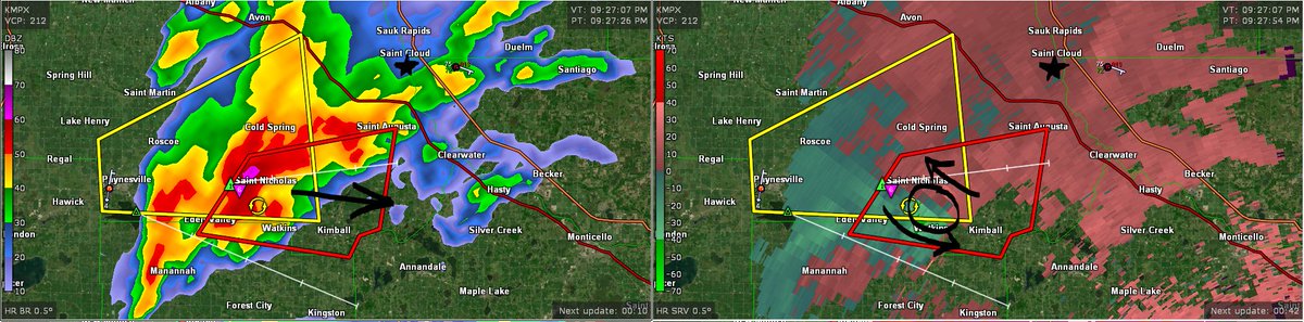 SCSU_Weather's tweet photo. A #tornado warning is in effect for far southern and southeastern portions of Stearns County. The area of rotation (black circle in right panel) will pass well south of @stcloudstate campus. 2" diameter hail is also possible with the storm. Additional storms thru 10:30pm. #mnwx https://t.co/vrLufceayF