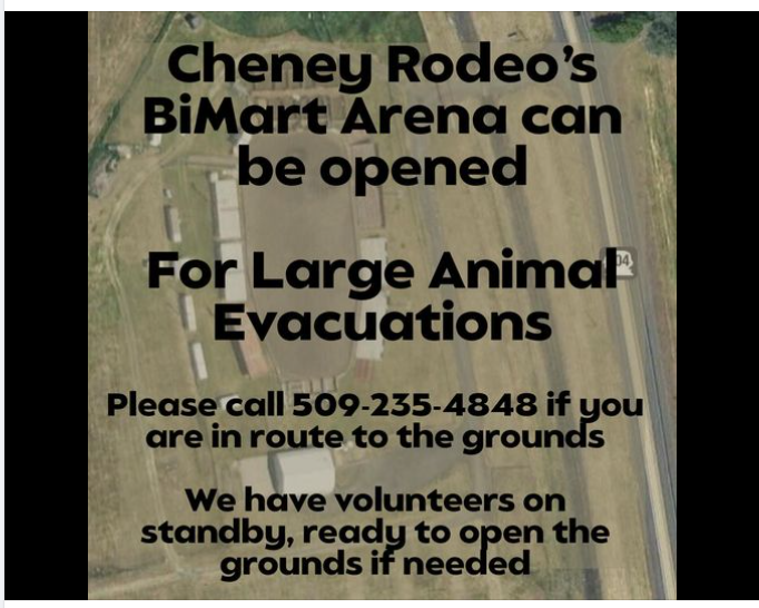 CEDRdigital's tweet image. 1/3 #DeepWoodsFire #Spokane #WA 
Cheney Rodeo Grounds, BiMart Arena open for animal evacuations.  Call 509-235-4848 if you are coming to the grounds
14310 Lt. Col. Michael P. Anderson Memorial Hwy, Cheney
facebook.com/cheneyPRCArode…