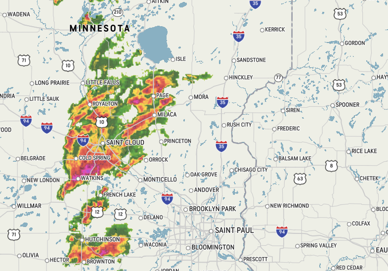 Intense thunderstorms are moving through much of Minnesota, and may impact the Minneapolis area tonight. Track the storms here: https://t.co/EJEiGdNimC https://t.co/mHPQvNn9j1