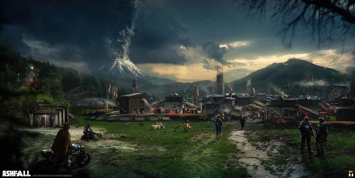 The photo depicts a community. There is a gravel and dirt path coming from the lower-right of the image worn down by people walking to and from the buildings located to the mid-right of the image. On the left side of the image, a guard building with two guards and a lush forest behind the building. One walking out of the building. The other sitting on a rock near the gravel path. In the lower right of the image, two more guards having a conversation. In the lower-left a cloaked figure is disembarking from a futuristic motorcycle. Towards the center of the image before entering the city, there is livestock grazing. There are buildings of many different sizes and functions. One appears to be a large greenhouse, while other have smoke coming up from steam pipes or chimneys. The path that leads into the community is a busy street market. In the far distance, the skyline is lined with mountains. Further still, there is a volcano erupting and dark smoke is starting to fill the distant air.