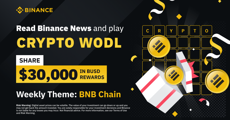 binance's tweet photo. Read #Binance News &amp; play WODL to share $30,000 in $BUSD token vouchers!