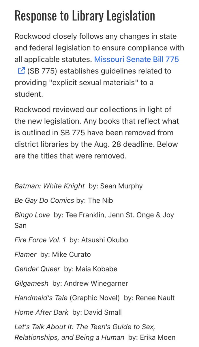 blythebernhard's tweet image. Rockwood School District in St. Louis County has released a list of books pulled from libraries because of a new state law barring “explicit sexual material.”