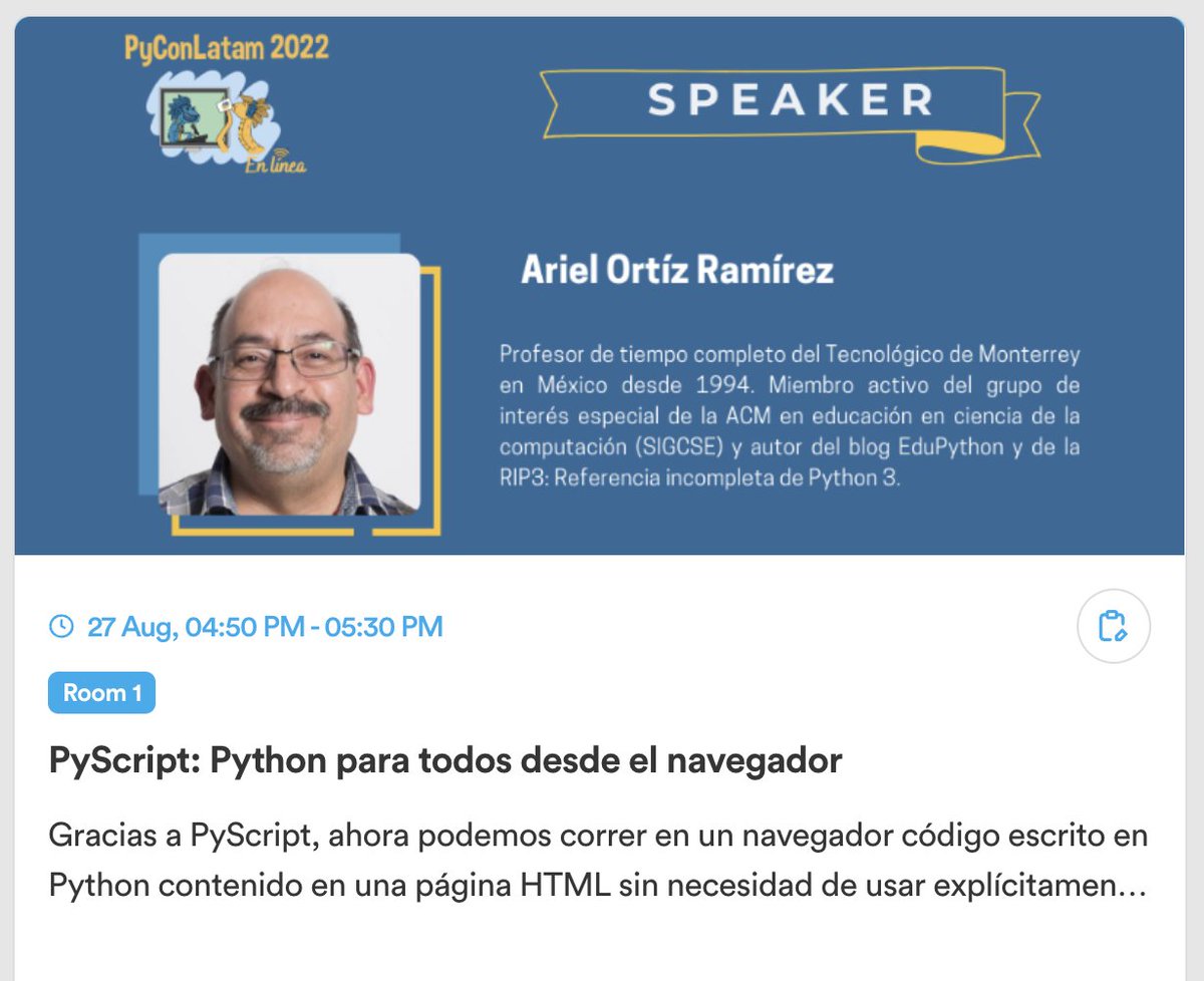 PyLatam's tweet image. Nuestro tercer bloque de charlas de ayer estuvo a cargo de estos excelentes expositores de nuestra comunidad #Python.🐍🎉
Muchas gracias por participar de esta edición #PyConLatam22 son geniales.🥳

👨‍💻Eduardo Ramirez
👨‍💻Felipe Sodre B.
👨‍💻Hector I. Patricio
👨‍💻Ariel Ortiz

#PyCon